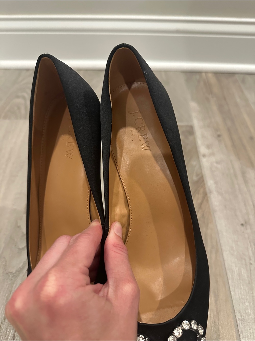 J. Crew Black Pointed Satin Flats with Crystal Bow Embellishment - Picture 3 of 5